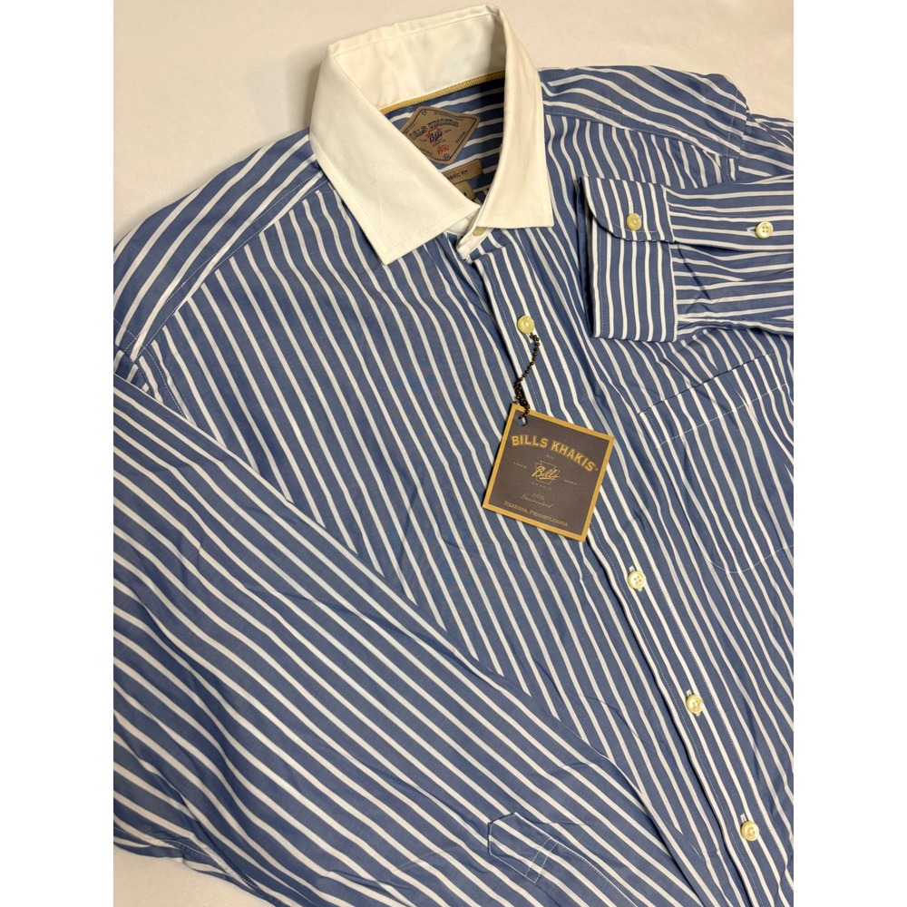 Bills Khakis Mens Classic Fit Blue White Striped Shirt White Collar Medium NWT